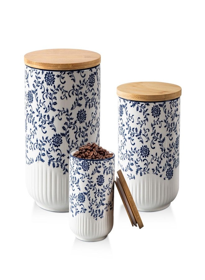 Gibsimi Kitchen Canisters for Countertop - Ceramic Canisters Sets for Kitchen with Airtight Wood Lids - Flour and Sugar Containers for Coffee Tea Spice Beans Cookie Jars - Set of 3 Blue - Image 1